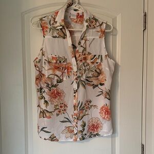 New York & Company Floral Sleeveless Blouse - White and Orange